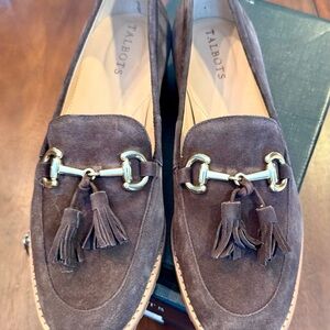Talbots Dark Brown Suede Tassel Loafers with Gold Hardware